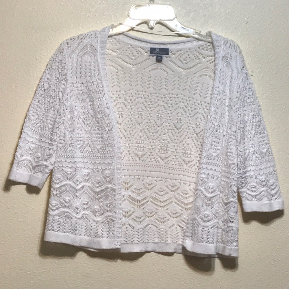 JM Collection Petite Large Cardigan Lace White 3/4 Sleeve Crochet